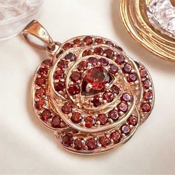 Rose Gold Over Sterling Garnet Rose Pendant - Picture 1 of 11